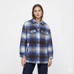 ZARA Wool Button Front Plaid Collared Shacket w/ Pockets Fully Lined US Sz S